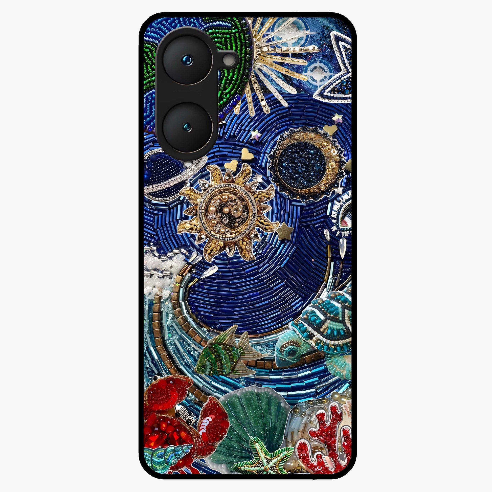Universe Underwater Spark Glass Case showing flat back view with cosmic underwater themed artwork and glossy glass finish.