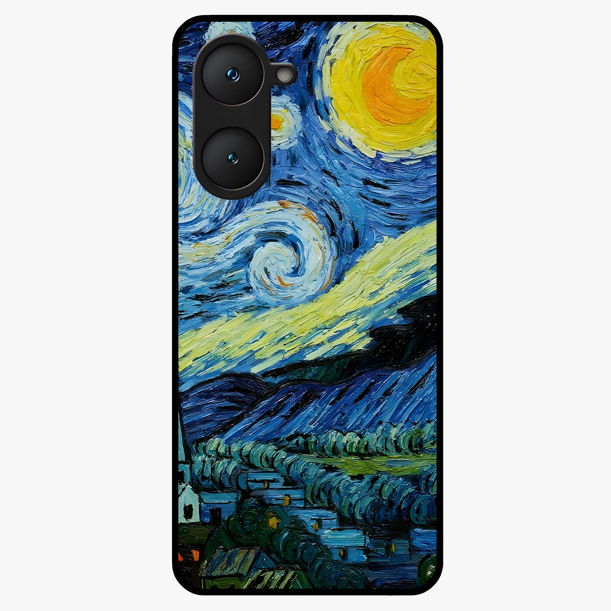 Van Gogh Art Glass Case showing flat back view with classic painterly artwork inspired by Van Gogh style and glossy glass finish.