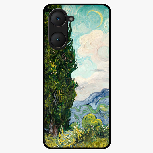 Van Gogh Vintage Art Glass Case showing flat back view with vintage painterly artwork inspired by Van Gogh style and glossy glass finish.