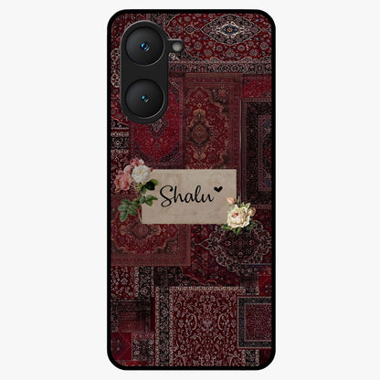 Velvet Wine Pattern Custom Name Glass Case showing flat back view with elegant wine colored pattern artwork and personalized name design.