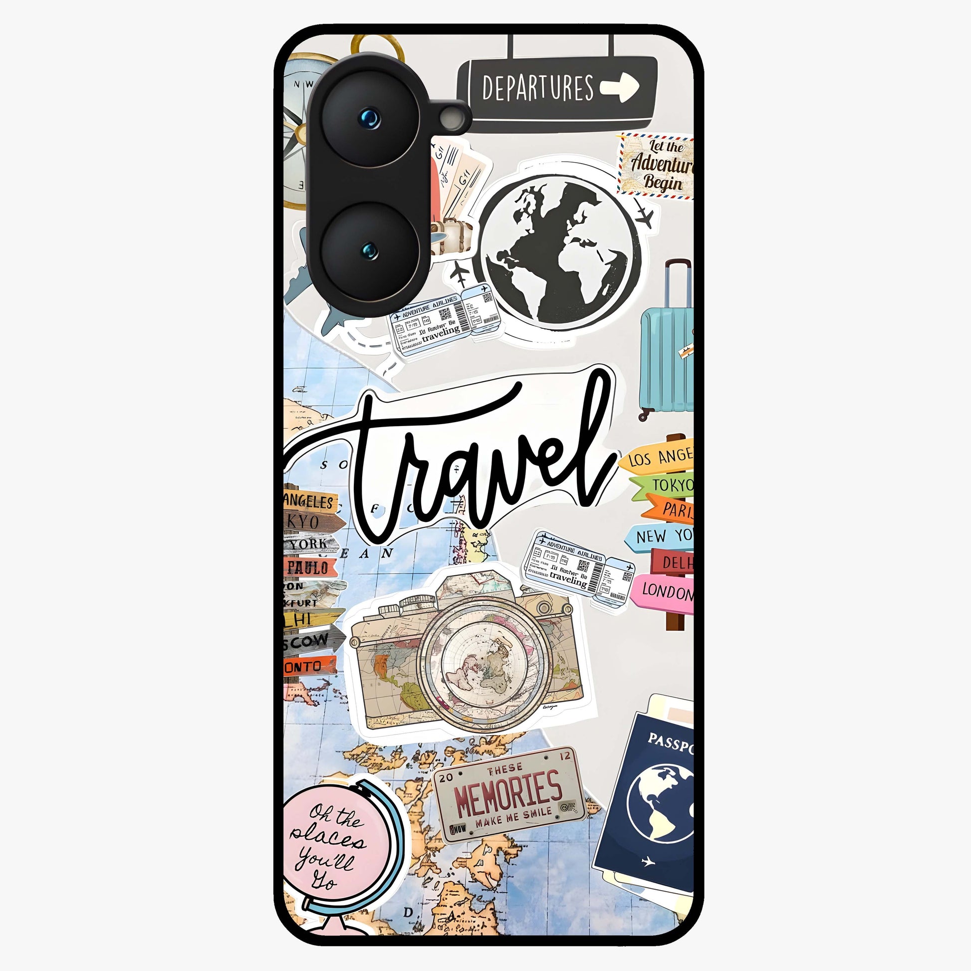 Wanderlust Journal Glass Case showing flat back view with travel inspired artwork and glossy glass finish.