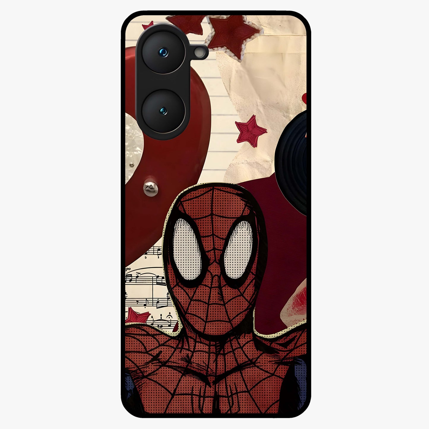 Web Warrior Vibes Glass Case showing flat back view with superhero inspired web themed artwork and glossy glass finish.