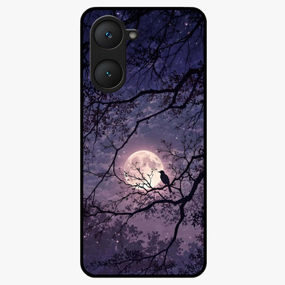 Whispering Moon Silence Glass Case showing flat back view with serene moon themed artwork and glossy glass finish.