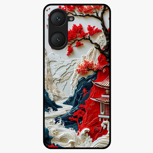 Whispers Of Sakura Waves Glass Case showing flat back view with cherry blossom wave artwork and glossy glass finish.