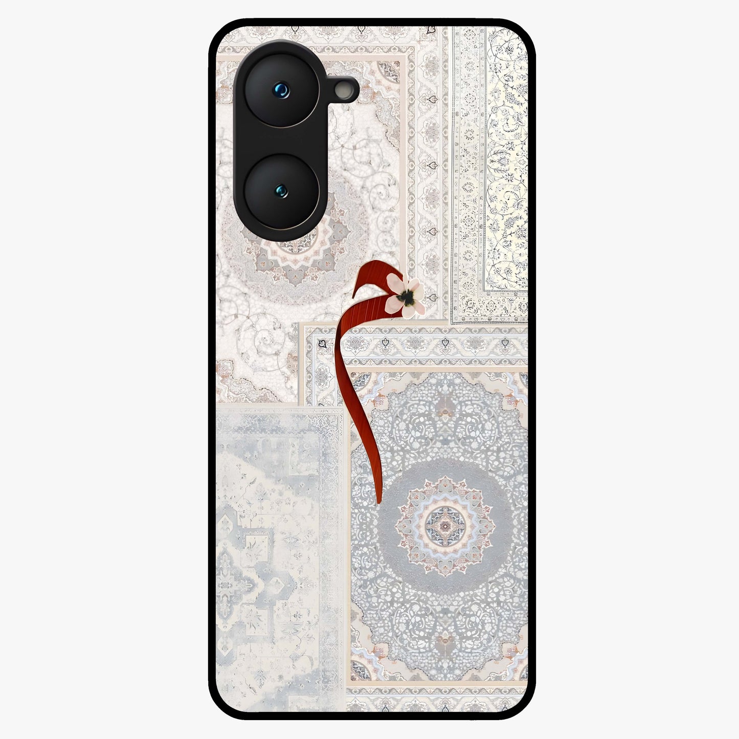 White Aesthetic Bow Glass Case showing flat back view with minimal bow artwork and glossy glass finish.