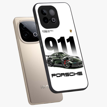 911 Turbo Dominance Glass Case displayed in premium angled mockup highlighting sporty car illustration and sleek glass surface.