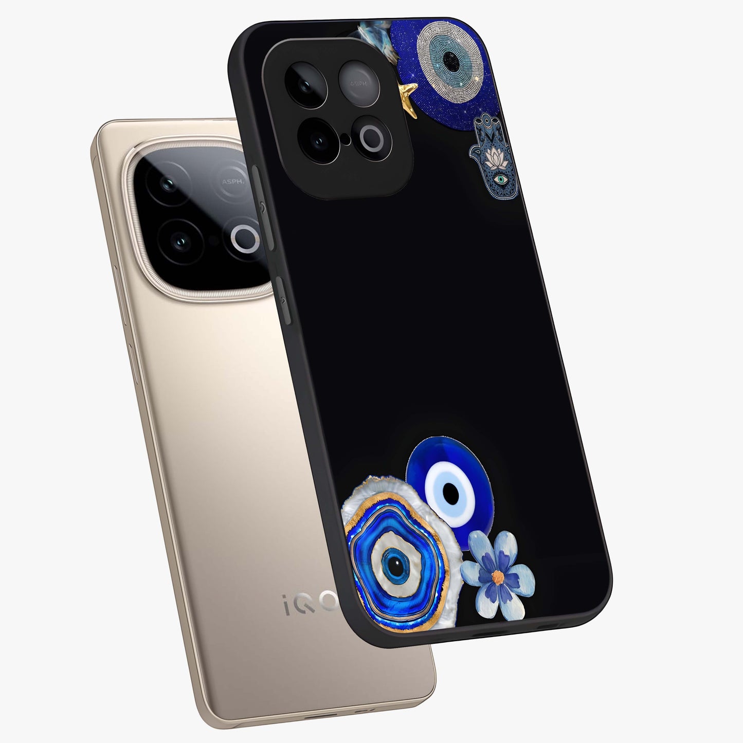 Aesthetic Blue Evil Eye Glass Case displayed in angled mockup highlighting blue evil eye symbol and spiritual aesthetic design.