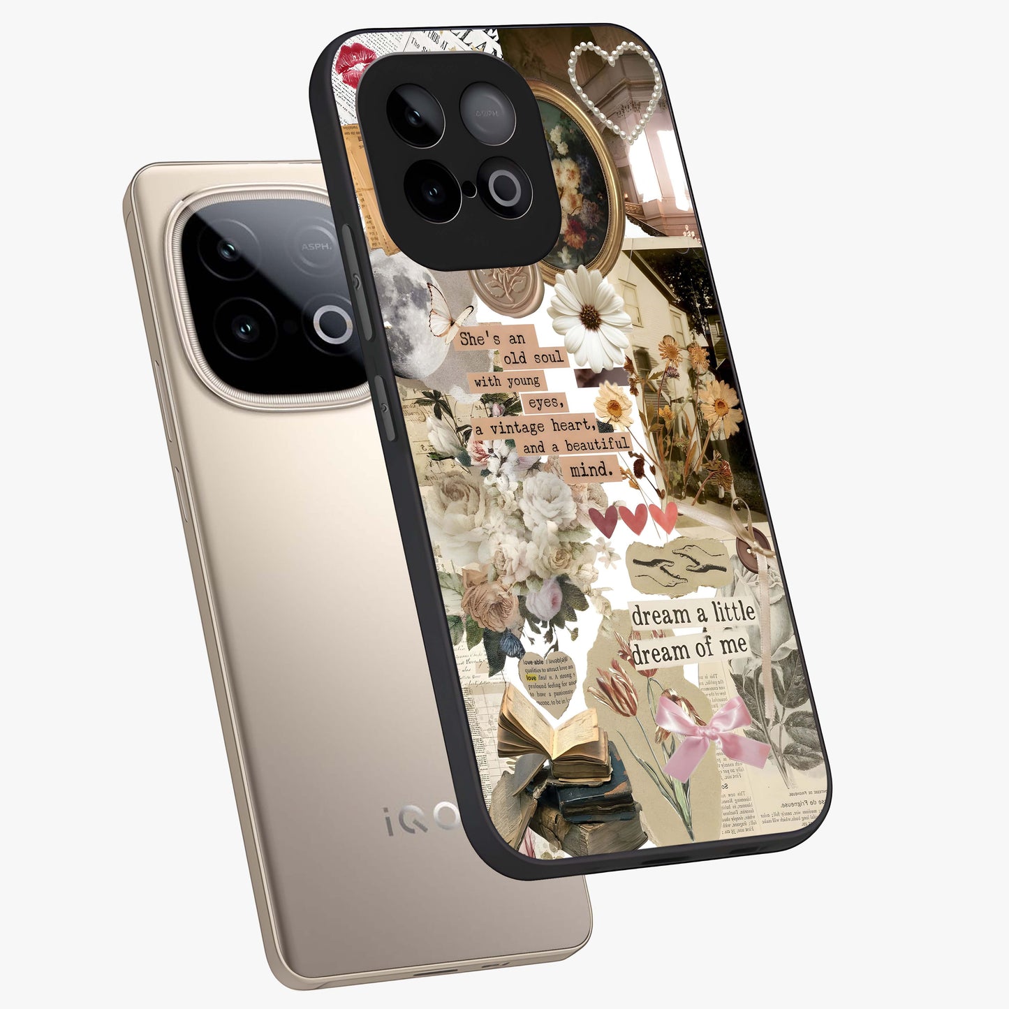 Aesthetic Brown Vintage Collage Glass Case displayed in angled mockup highlighting vintage aesthetic collage design.
