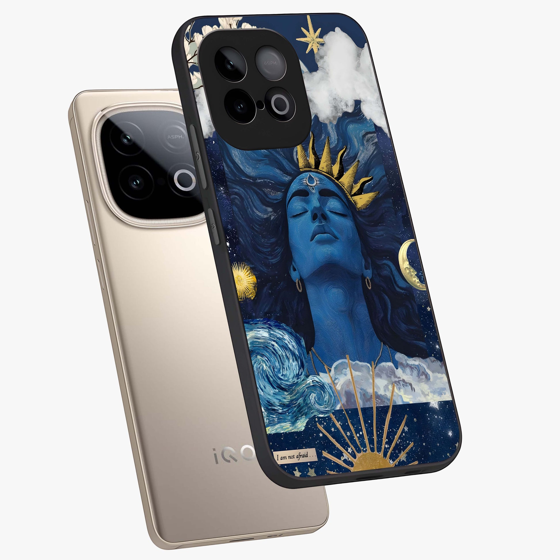 Aesthetic Lord Shiva Glass Case displayed in angled mockup highlighting spiritual Shiva illustration and sacred aesthetic design.
