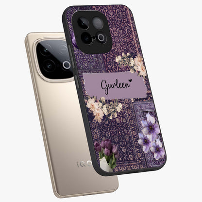 Antique Floral Whisper Custom Name Glass Case displayed in angled mockup highlighting elegant antique floral aesthetic.