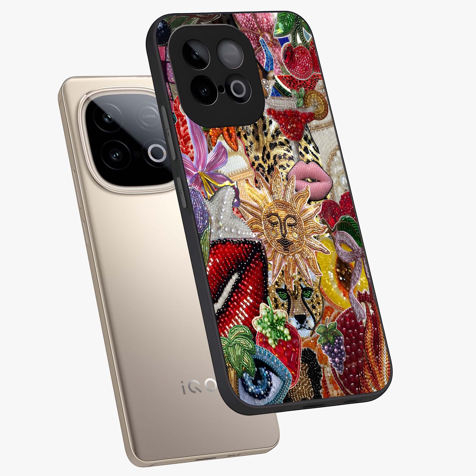 Beaded Fashion Jungle Glass Case displayed in angled mockup highlighting colorful fashion bead design and artistic pattern.