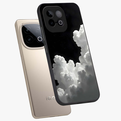 Black Background With White Cloud Glass Case displayed in angled mockup highlighting soft white cloud illustration and minimal design.