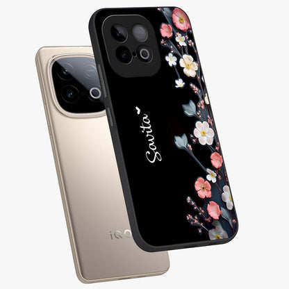 Black Elegance Floral Custom Name Glass Case displayed in angled mockup highlighting dark floral aesthetic and custom name feature.