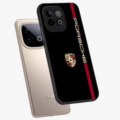 Black Minimal Porsche Glass Case displayed in angled mockup highlighting modern minimal car illustration and clean aesthetic design.