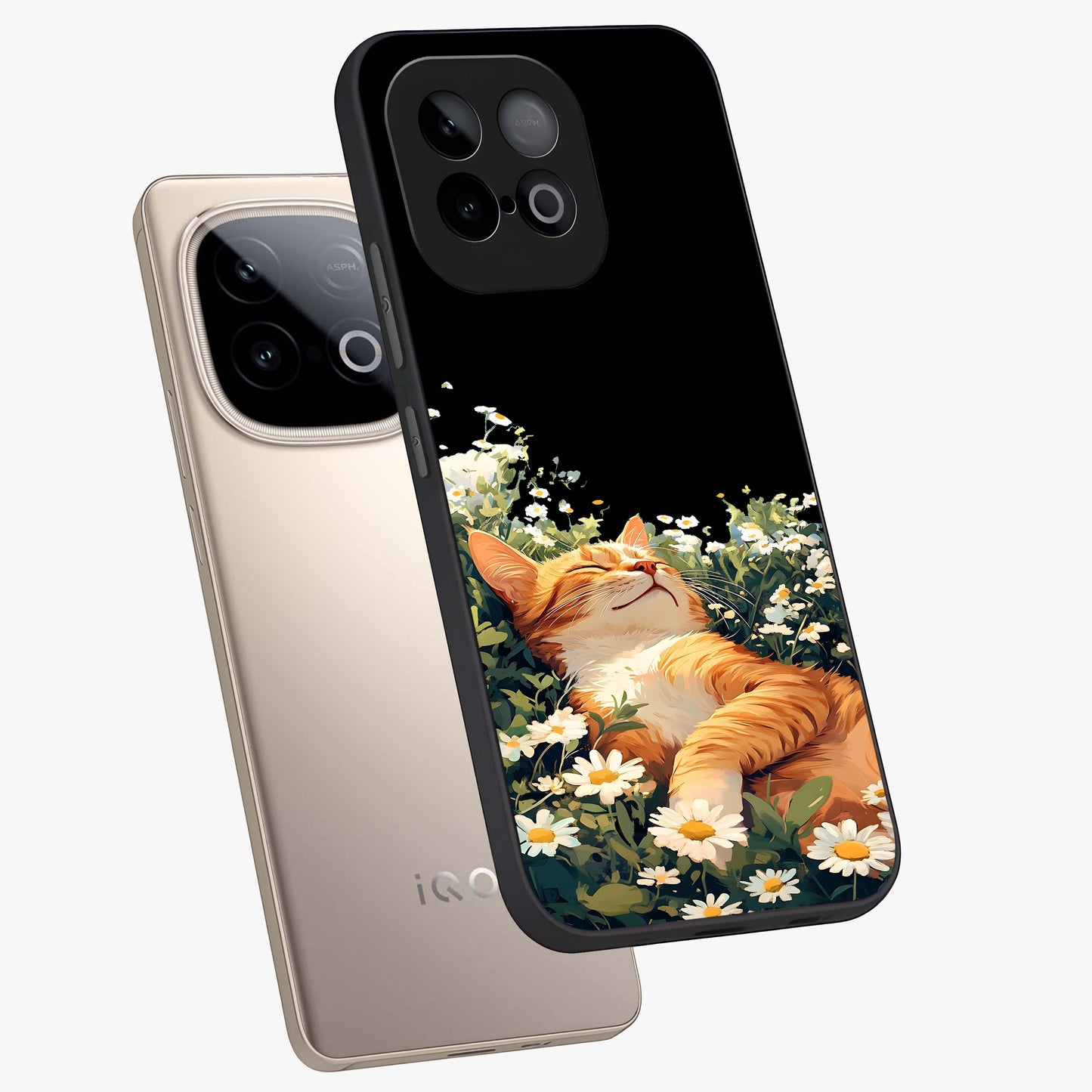 Blissful Bloom Cat Glass Case displayed in angled mockup highlighting playful feline illustration with soft floral aesthetic.