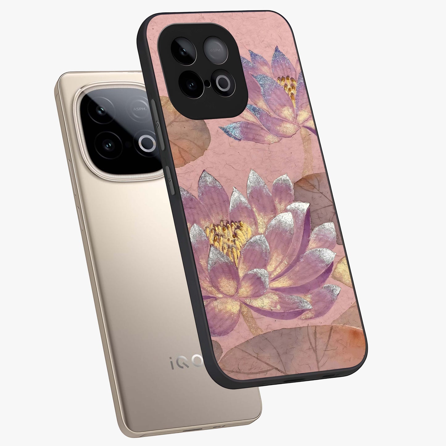 Blossom Mist Lotus Glass Case displayed in angled mockup highlighting delicate lotus illustration with calm aesthetic theme.