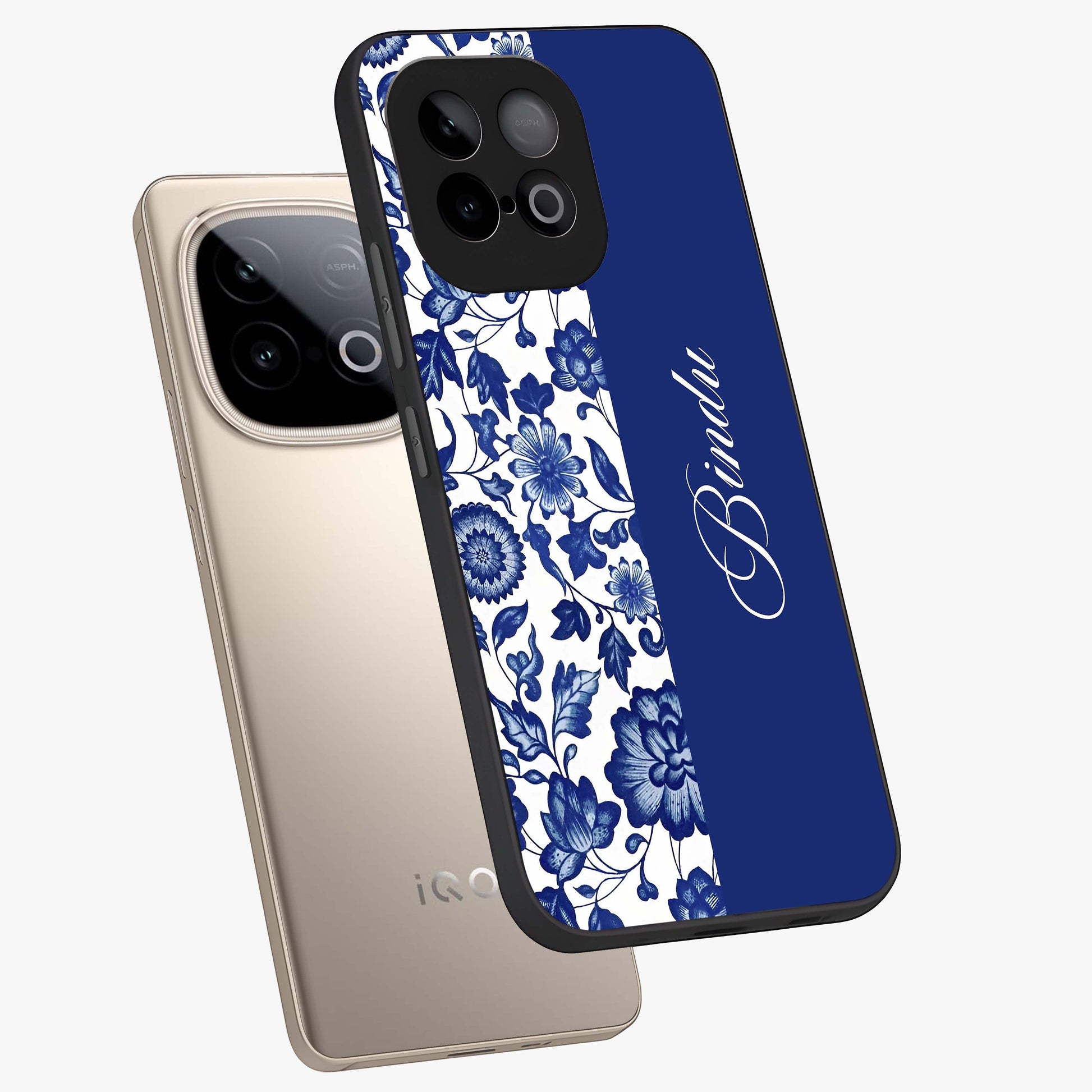Blue Vintage Floral Pattern Glass Case displayed in angled mockup highlighting subtle bloom pattern with aesthetic pastel design.