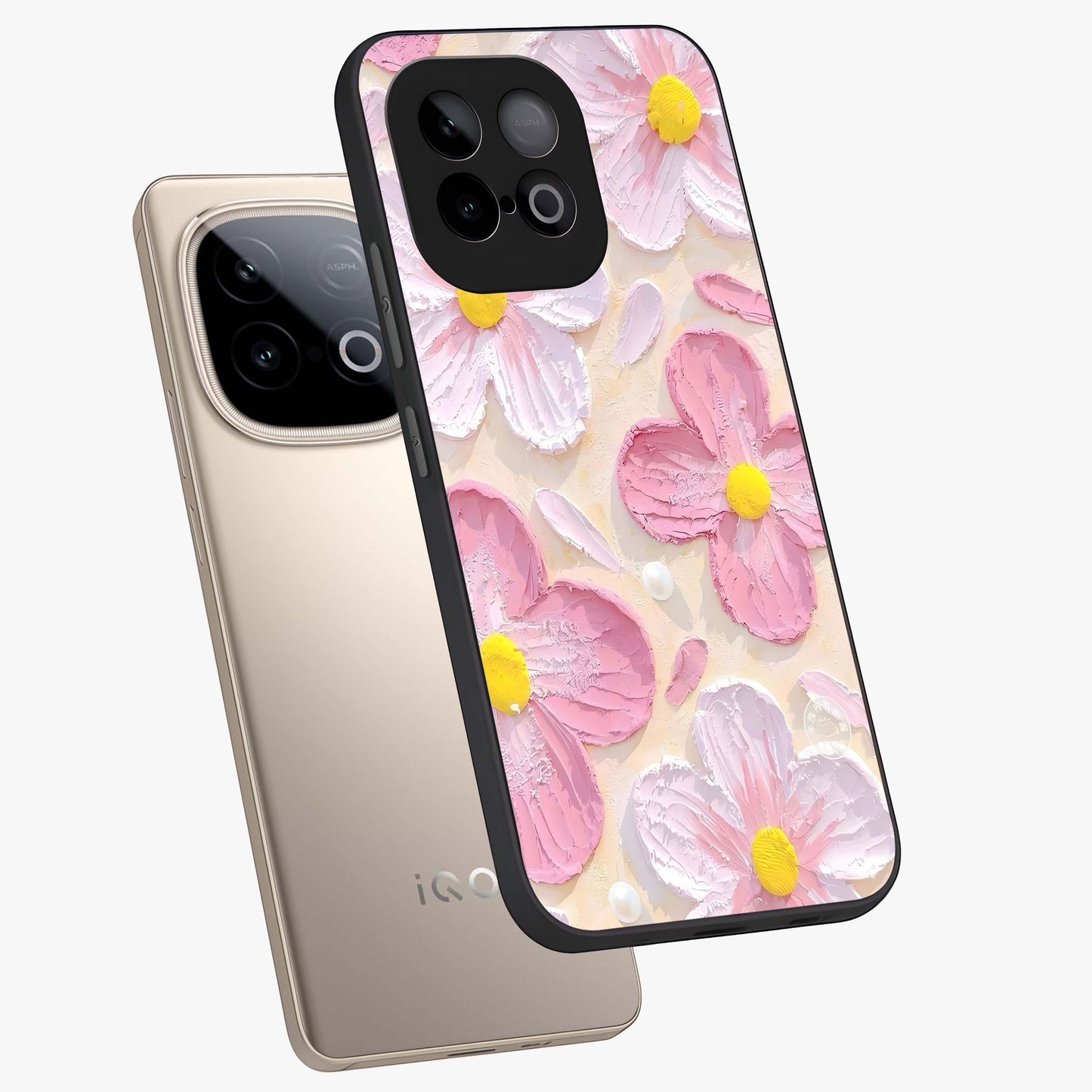 Blush Bloom Texture Glass Case displayed in angled mockup highlighting subtle bloom pattern with aesthetic pastel design.