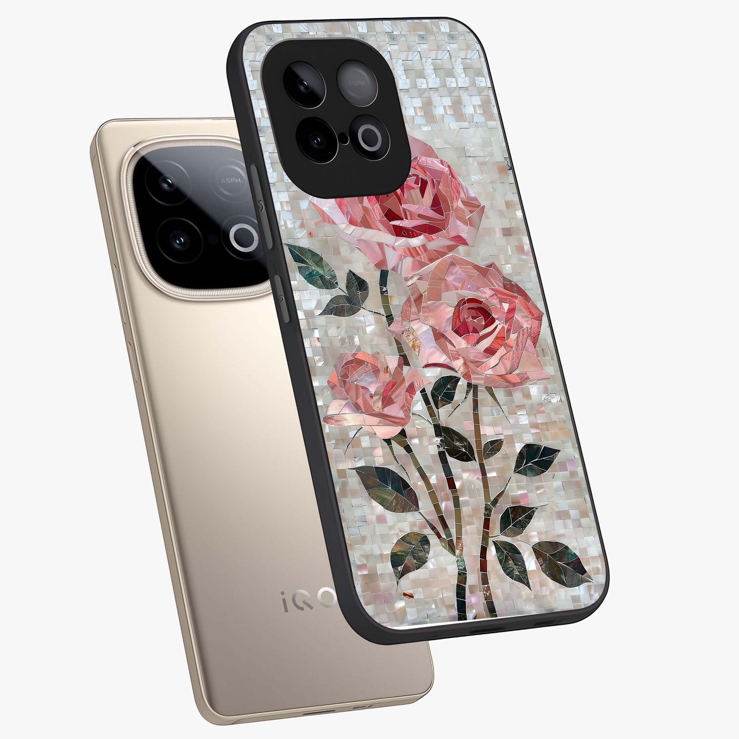 Blush Mosaic Bloom Glass Case displayed in angled mockup highlighting artistic mosaic flower pattern with aesthetic design.