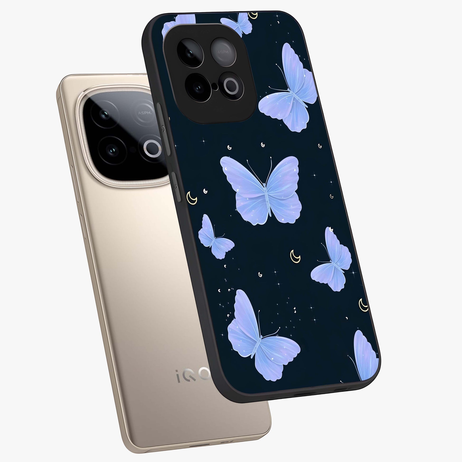 Butterfly With Stars Pattern Glass Case displayed in angled mockup highlighting dreamy butterfly and star design with aesthetic theme.