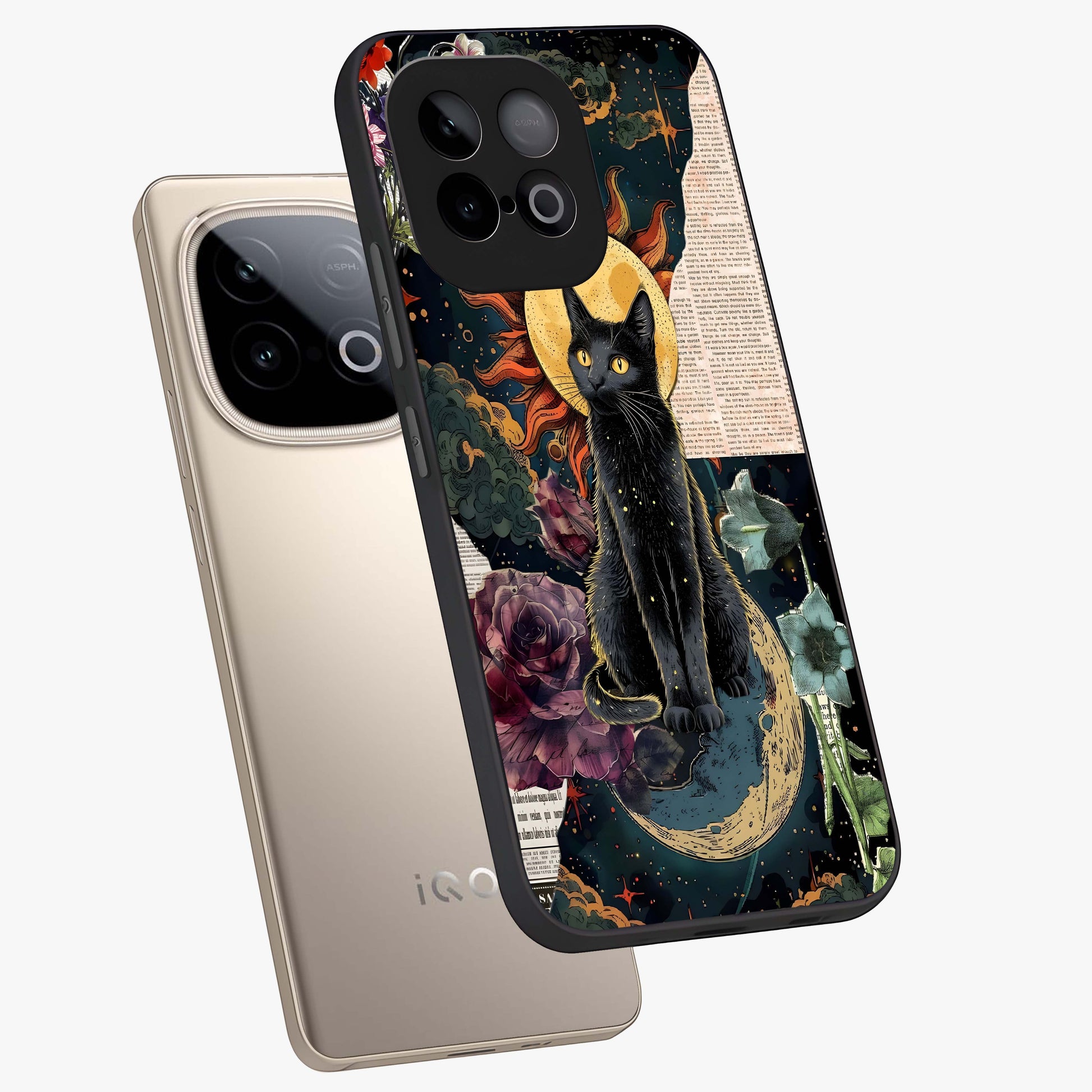 Celestial Black Cat Glass Case displayed in angled mockup highlighting cosmic black cat design with celestial aesthetic.
