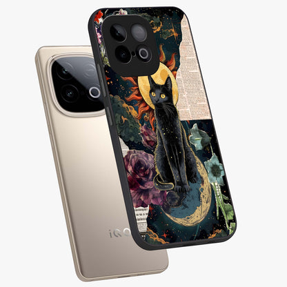 Celestial Black Cat Glass Case displayed in angled mockup highlighting cosmic black cat design with celestial aesthetic.