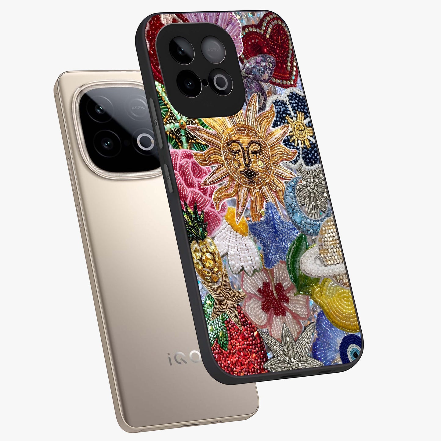Celestial Floral and Playful Glass Case displayed in angled mockup highlighting playful floral design with dreamy celestial elements.