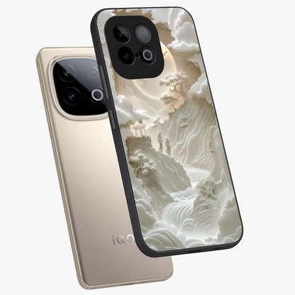 Celestial Origami Glass Case displayed in angled mockup highlighting geometric origami design with cosmic aesthetic theme.