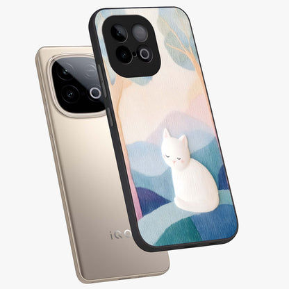 Cotton Dream Cat Glass Case displayed in angled mockup highlighting cute feline illustration with pastel aesthetic style.