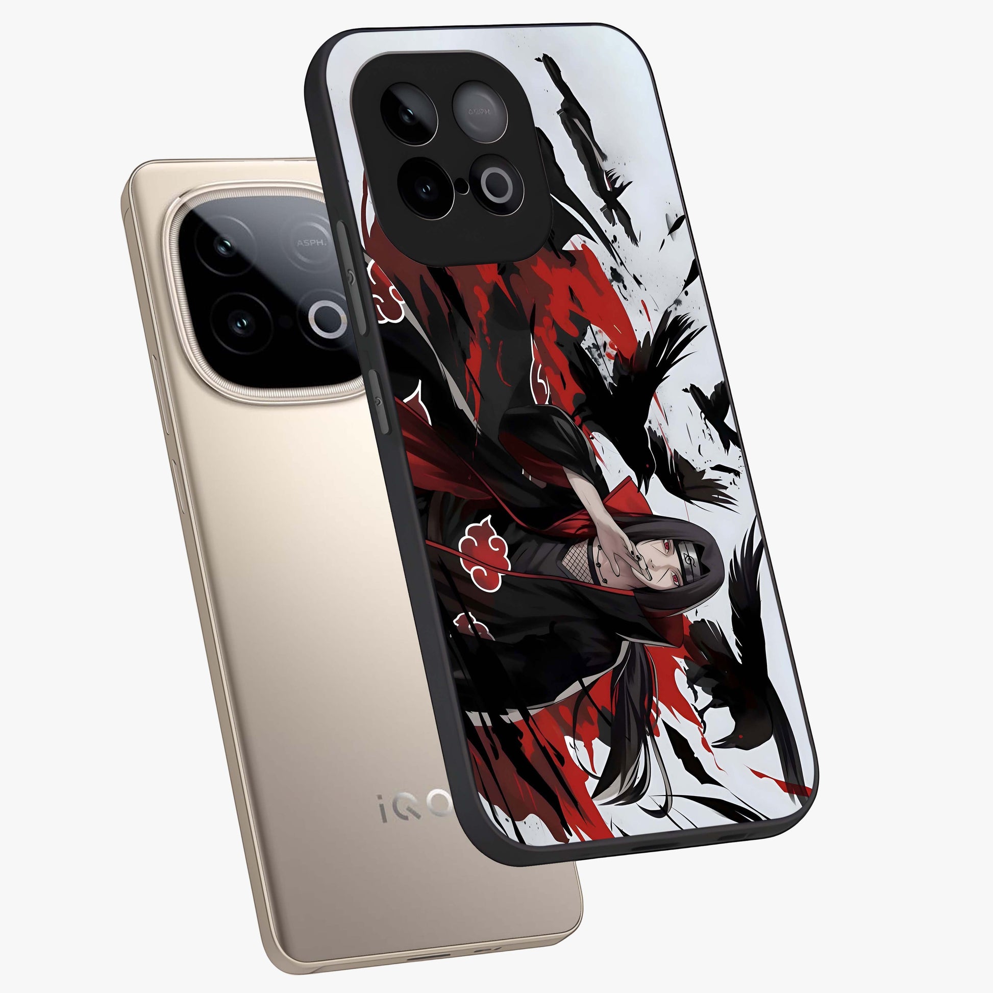 Crimson Crow Illusion Glass Case displayed in angled mockup highlighting mysterious crow graphic with dark aesthetic style.