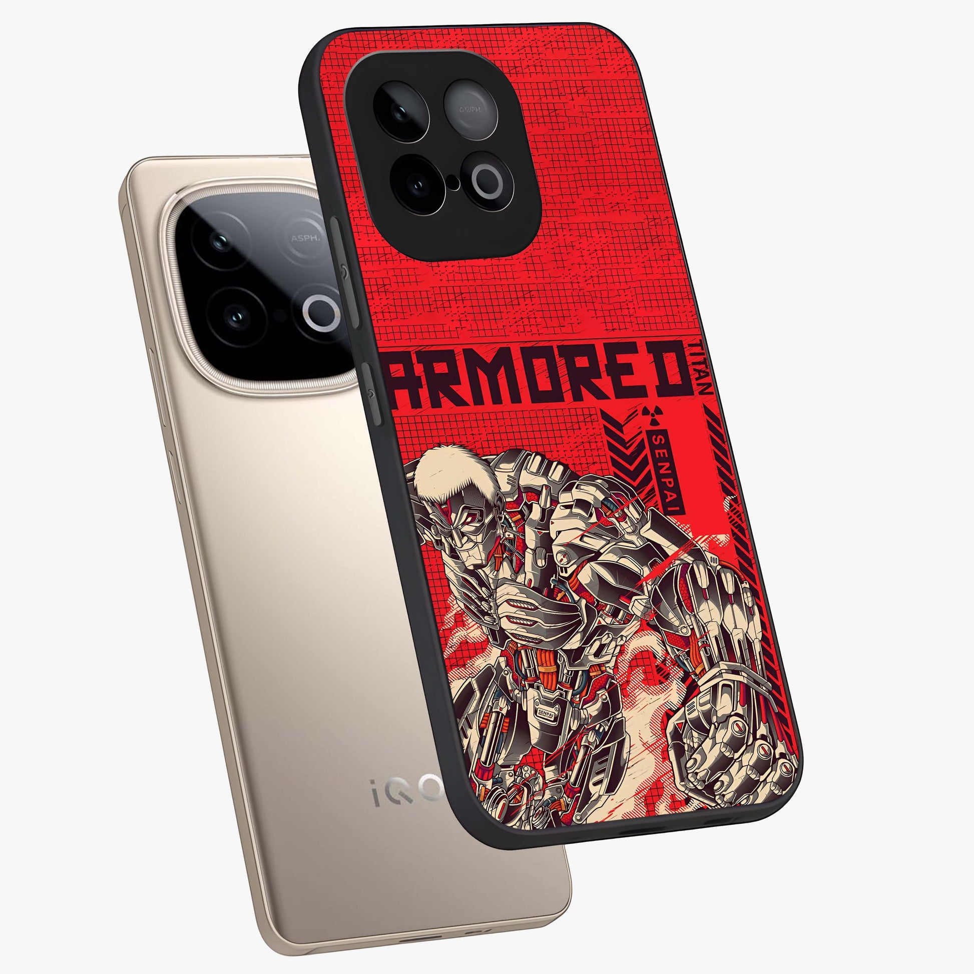 Crimson Mecha Titan Glass Case displayed in angled mockup highlighting futuristic mech illustration with bold crimson aesthetic.