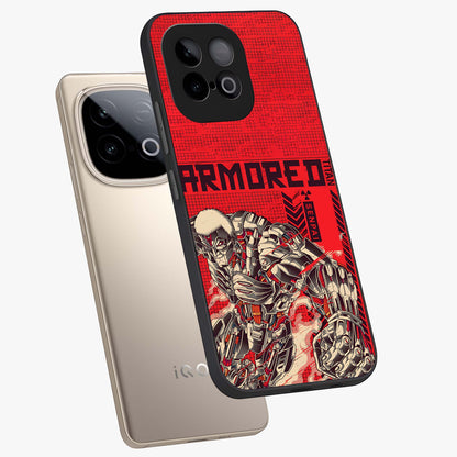 Crimson Mecha Titan Glass Case displayed in angled mockup highlighting futuristic mech illustration with bold crimson aesthetic.
