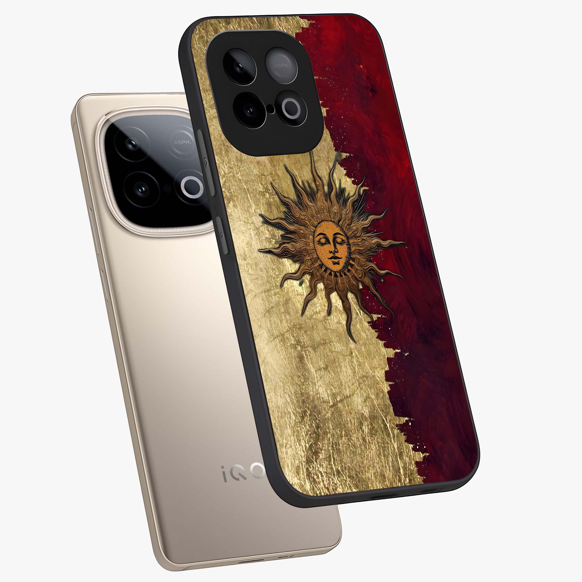 Crimson Sun Majesty Glass Case displayed in angled mockup highlighting majestic crimson sun design with bold aesthetic style.