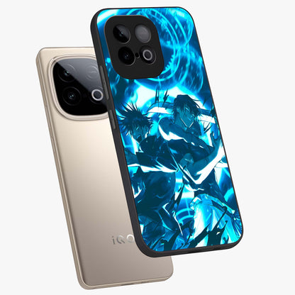 Cursed Energy Clash Glass Case displayed in angled mockup highlighting powerful battle inspired graphic with anime style aesthetic.