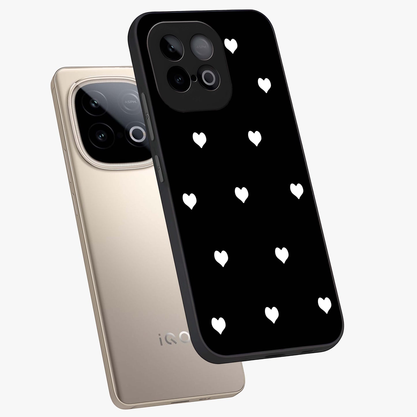 Cute And Simple White Hearts Glass Case displayed in angled mockup highlighting cute heart design with clean aesthetic style.