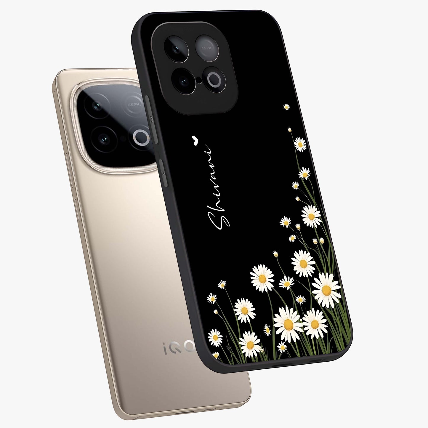 Daisy Cascade Custom Name Glass Case displayed in angled mockup highlighting delicate daisy artwork with custom name feature.