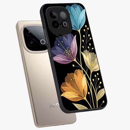 Delicate Multicolor Flowers Glass Case displayed in angled mockup highlighting colorful flower pattern with soft aesthetic style.