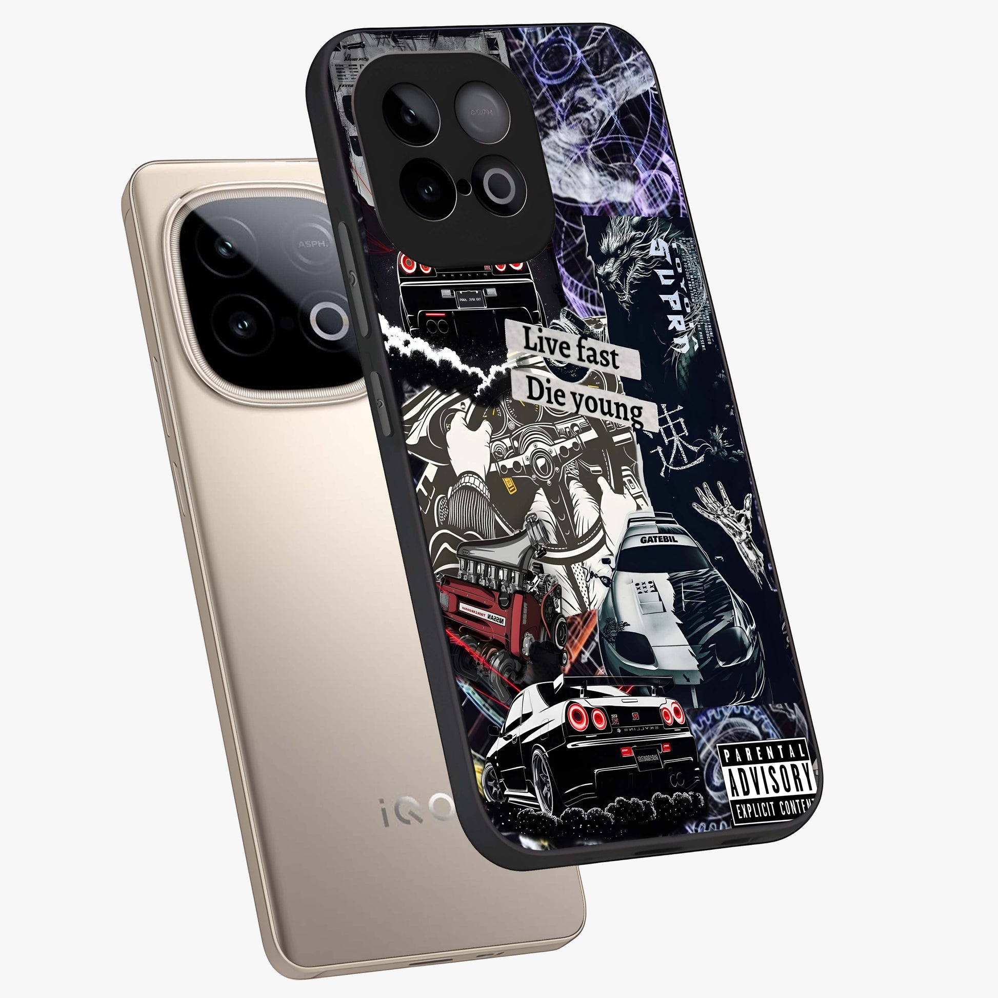 Die Young Glass Case displayed in angled mockup highlighting expressive graphic artwork with edgy aesthetic style.