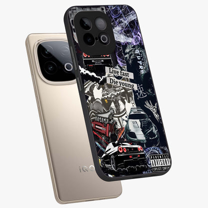 Die Young Glass Case displayed in angled mockup highlighting expressive graphic artwork with edgy aesthetic style.