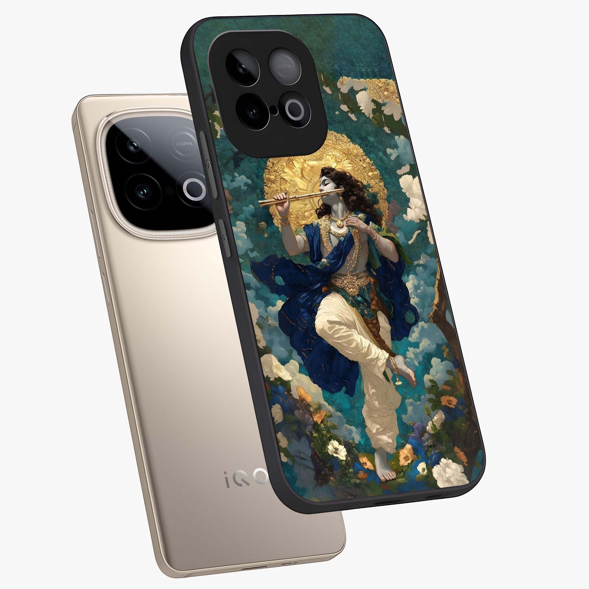 Divine Krishna Art Glass Case displayed in angled mockup highlighting spiritual Krishna illustration with devotional aesthetic.