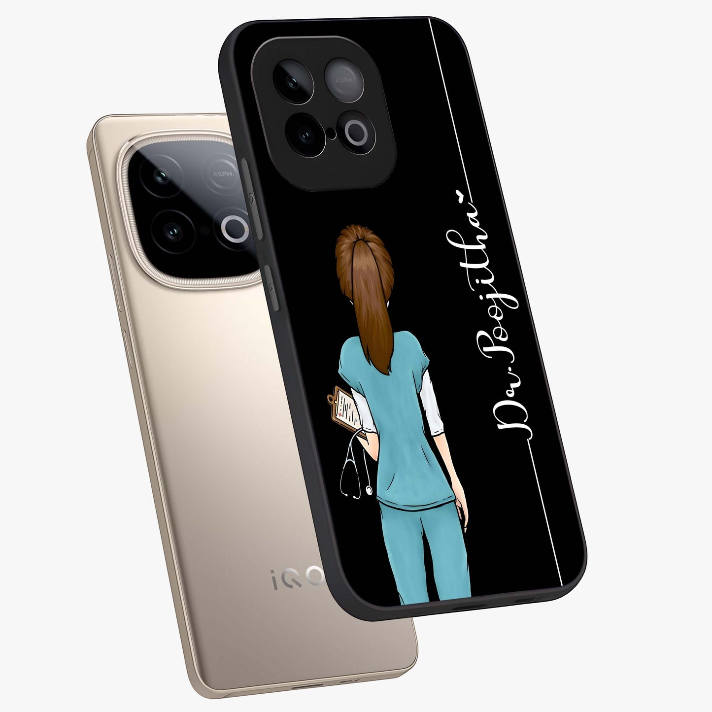 Doctor Pattern Custom Name Glass Case displayed in angled mockup highlighting doctor inspired artwork with custom name feature.