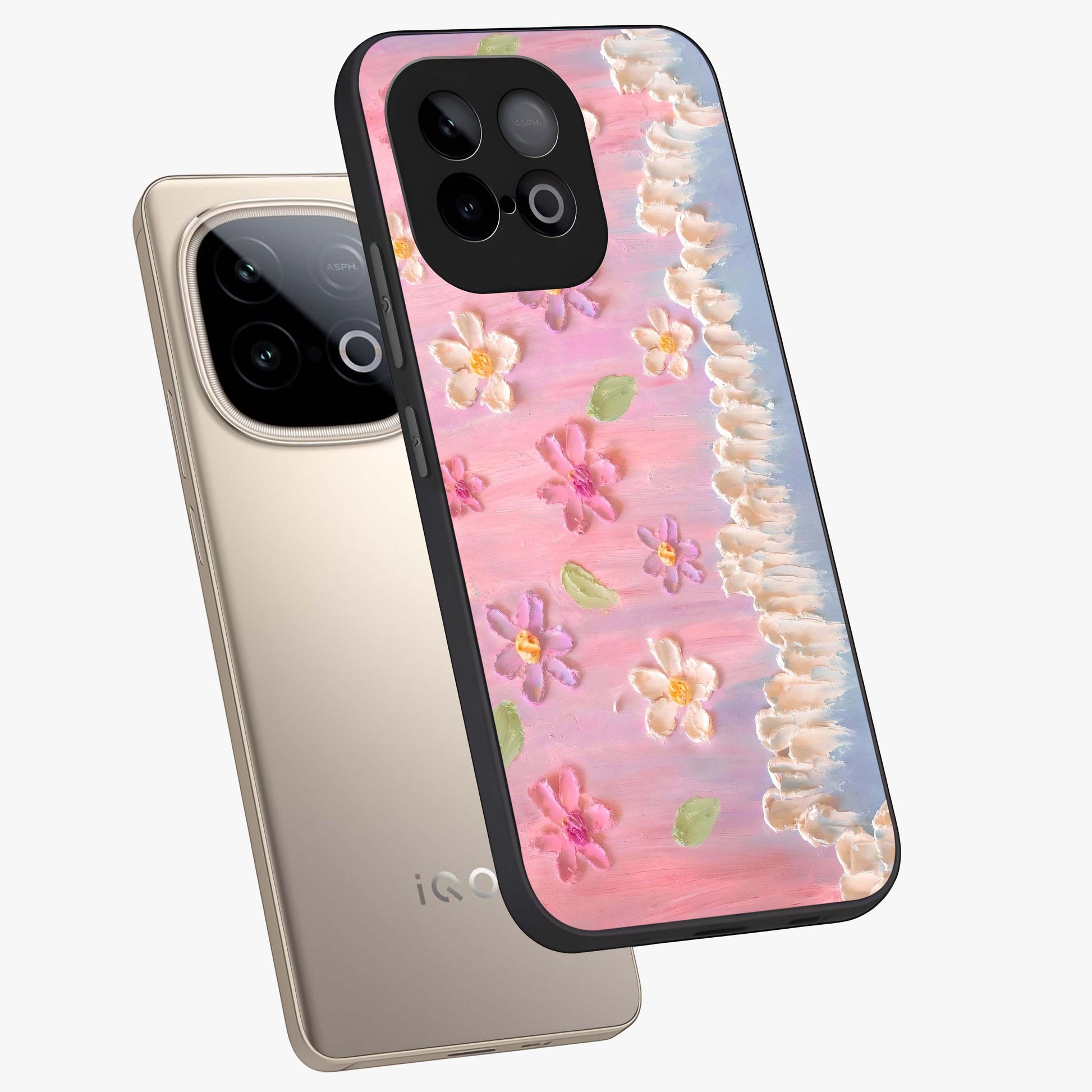 Dreamy Painted Garden Glass Case displayed in angled mockup highlighting colorful garden illustration with dreamy aesthetic style.