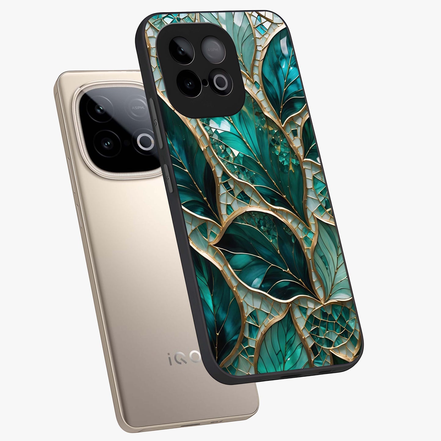 Emerald Leaf Glass Glass Case displayed in angled mockup highlighting botanical leaf illustration with elegant natural aesthetic.