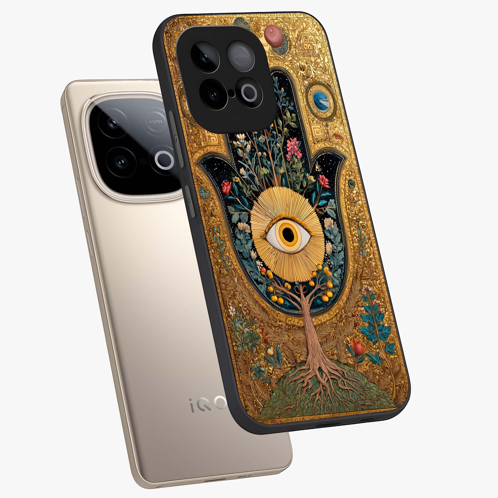 Ethereal Evil Eye Glass Case displayed in angled mockup highlighting protective evil eye symbol with spiritual aesthetic design.
