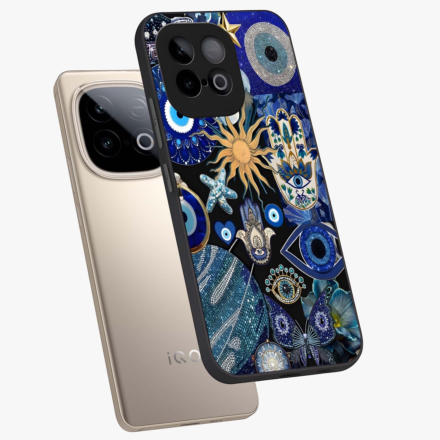 Evil Eye Charm Mix Glass Case displayed in angled mockup highlighting protective evil eye symbols with spiritual aesthetic design.