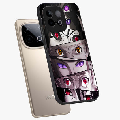Eyes of Destiny Glass Case displayed in angled mockup highlighting bold eye illustration with mystical aesthetic style.