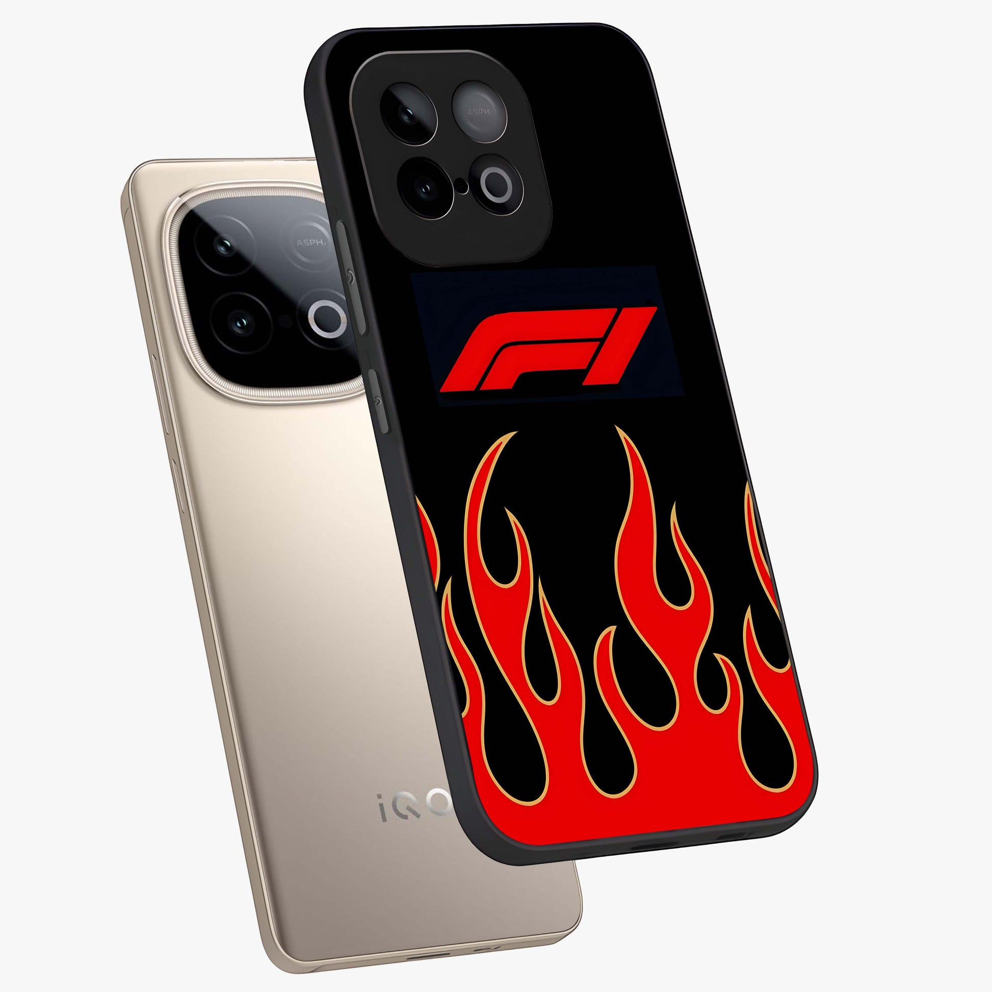 Fire F11 Glass Case displayed in angled mockup highlighting bold fire inspired graphic with energetic aesthetic style.
