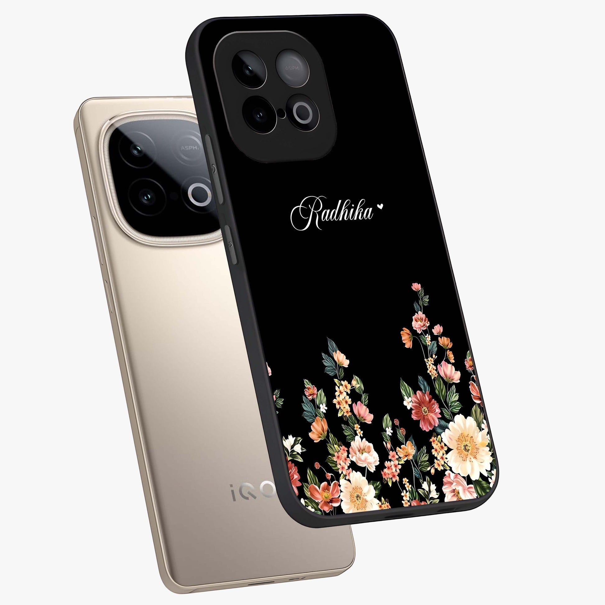 Floral Design With a Custom Personalized Name Glass Case displayed in angled mockup highlighting elegant floral pattern with custom name feature.