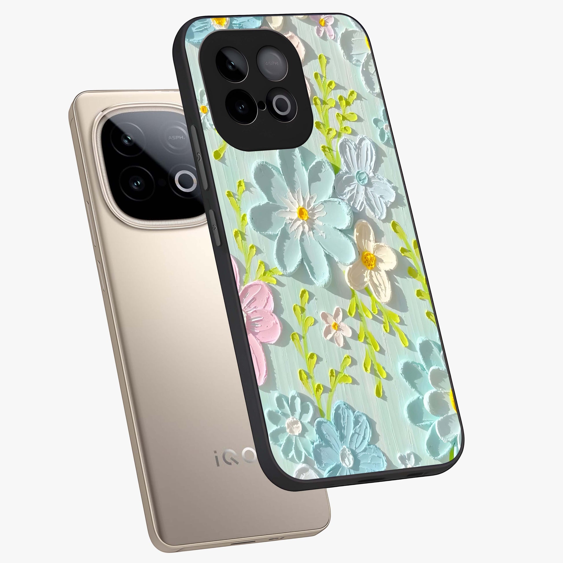 Frosted Petal Garden Glass Case displayed in angled mockup highlighting delicate flower petal design with calm garden aesthetic.