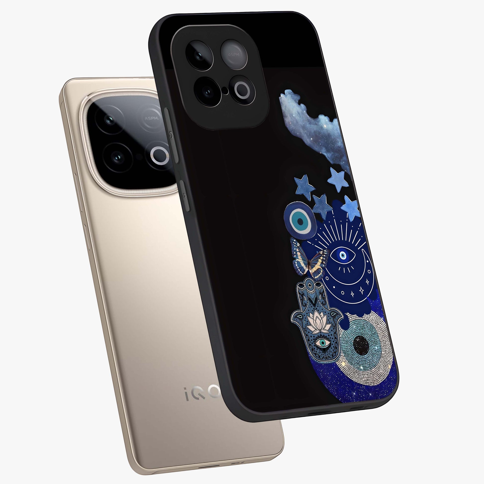 Galactic Charm Cluster Glass Case displayed in angled mockup highlighting luminous galaxy inspired design with dreamy aesthetic.